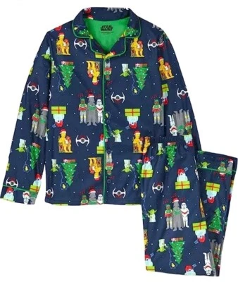 Star Wars Christmas Pajamas Set Navy Blue Flannel 2pc Boys Large 12 14 Yoda R2D2 - Image 1 of 4