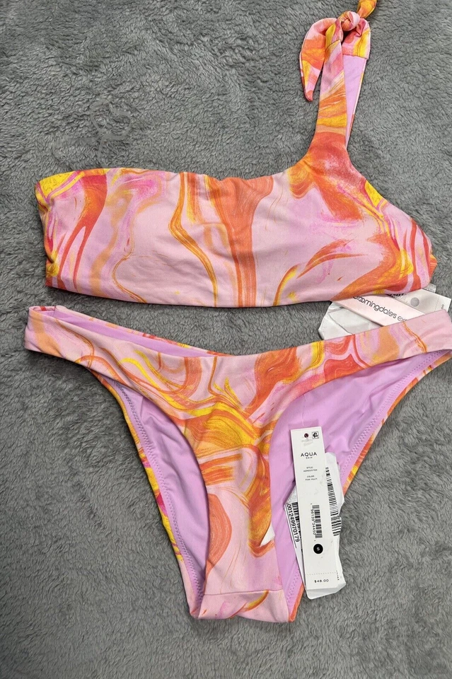 NUEVO CON ETIQUETAS A'qua Conjunto de Bikini de Natación Traje de Baño 2 Piezas 1 Hombro Talla Pequeña Rosa Mármol Foto 1 de 4