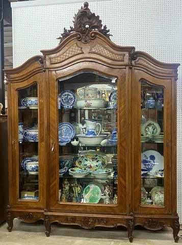 Antique Solid Walnut Country French Louis XV China Cabinet Beveled Glass C1880 Cover