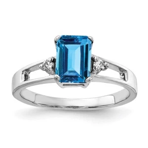 14k White Gold 7x5mm Emerald Cut Blue Topaz Diamond Ring for Women Size 6 - Picture 1 of 3