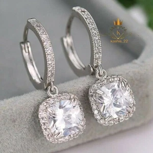 2.60 Carat Cushion Cut VVS1 Moissanite Drop/Dangle Earrings Solid 14K White Gold - Picture 1 of 6