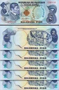 Philippines 2 Piso 1978, UNC, 5 Pcs LOT, Consecutive, P-159c, Sign-9, Red Serial - Picture 1 of 4