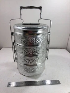 XL Vintage Aluminum Tiffin Food Carrier Lunch Compartment Box 4.5 Tier and cups - Picture 1 of 7