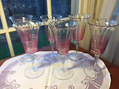 6 Steuben Carder Threaded Cranberry On Clear Hand Blown Glass Water/wine Goblets • 1500€
