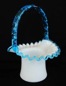 VTG Fenton Art Glass Aqua Crest Basket Applied Blue Bamboo Handle - Picture 1 of 12