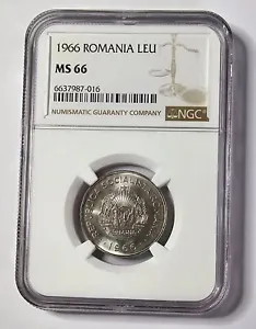 Romania 1966 1 Leu Bucharest Mint NGC MS66 , last 1 leu Comunist Coin - Picture 1 of 4