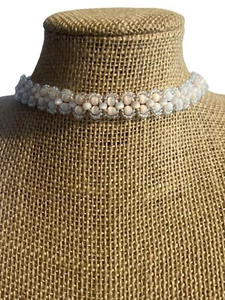 Vintage Choker Necklace Seed Bead Light Pink Cat Eye Beads Silver Tone Hook 14" - Picture 1 of 4