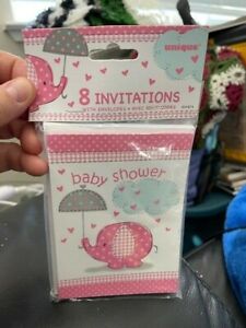 UNIQUE Umbrella Elephant Baby Girl Shower Invitations 8 count New!!!