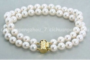 2 Rows 9-10mm Genuine South Sea White Pearl Bracelet 7.5'' 14K Gold Clasp
