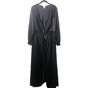 Shadowline Long Robe Womens 2X Black Nylon Lace Satin V Neck Button Front Sexy  - Picture 1 of 11