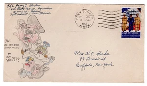 WWII Patriotic 1943 Fort Sumner NM Army Air Base Label Tied w/ Axis Cartoon - Picture 1 of 2