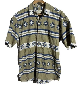 Vintage Orvis Sz L Tan Blue White Aztec Mens Button Up Shirt - Picture 1 of 7