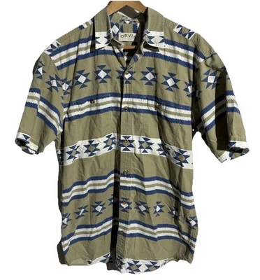 Vintage Orvis Sz L Tan Blue White Aztec Mens Button Up Shirt - Image 1 of 4