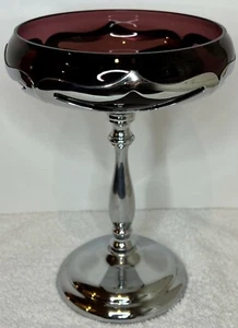 Vintage Farber Bros New York chrome amethyst glass pedestal compote 7.25 inches  - Picture 1 of 5