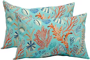Set of 2 Outdoor Decorative Lumbar Rectangle Pillows, Sundream Ocean Reef Blue - Picture 1 of 4