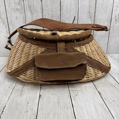 Cesta Creel de Pesca de Mimbre y Cuero Vintage con Regla Soporte para Cuchillo Correa Larga Foto 1 de 4