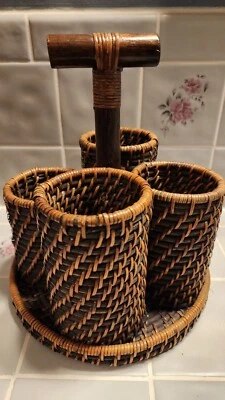 Rattan Woven Coiled 4 Section Caddie Holder Flatware Desk with Wooden Handle - Image 1 of 4