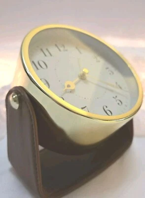 Alarm Clock Battery Operated Brass And Leather Finish. Tested. Works Great! - Image 1 of 4