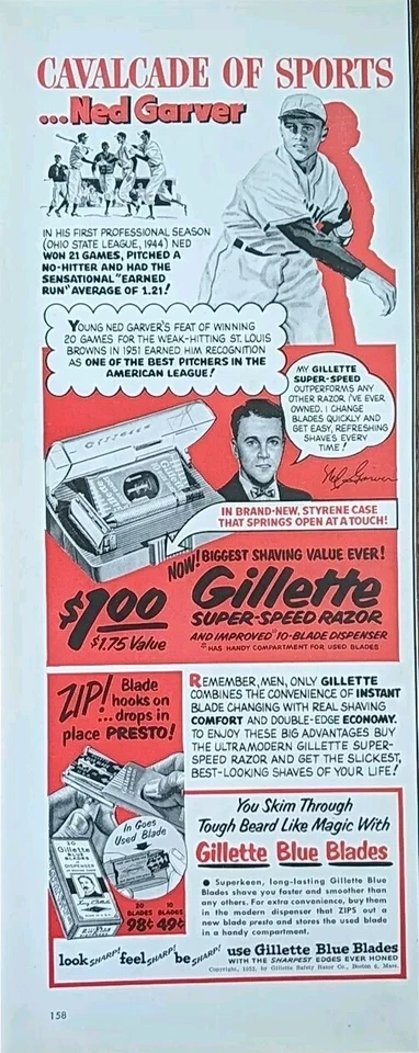 Anuncio impreso de navajas Gillette 1952 St. Louis Browns Ned Garver, MLB Foto 1 de 1