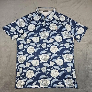 UNRL Polo Shirt Mens Large Blue White Floral Rose Barstool Golf Transfusion Logo - Picture 1 of 8