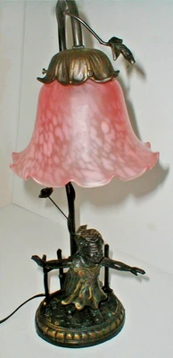 Bronze Hide &Seek Blindfold Child Girl Lamp w Pink Glass Shade Art Nouveau Style - Image 1 of 4
