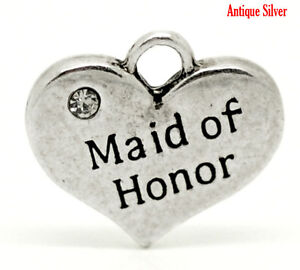 4 PCs Antique Silver Rhinestone "Maid of Honor" Wedding Heart Charms