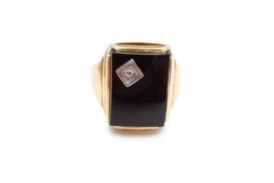 Anillo de diamantes de ónix negro de oro amarillo de 10k talla 7,5 para hombre Foto 1 de 4