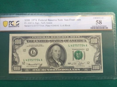 Billete de 100 dólares de la Reserva Federal de San Francisco 1974 graduación profesional AU 58 Foto 1 de 4