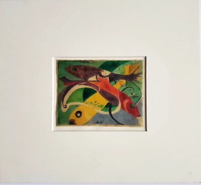 Farbige Monotypie Pergament Spielende Fische Expressionismus 50er Jahre - Bild 1 von 4