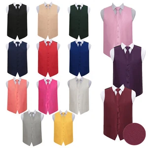 DQT Solid Check Wedding Waistcoat, Tie, Pocket Square and Cufflinks 4pc Set - Picture 1 of 72