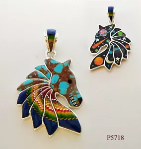 REVERSIBLE CELESTIAL MULTICOLOR TURQUOISE OPAL INLAY .925 SILVER HORSE PENDANT - Picture 1 of 4