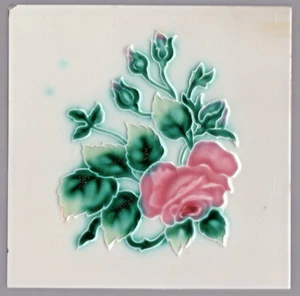 Richards Tile Co. - c1920 - Pink Roses - Art Nouveau- Antique Majolica Tile - Picture 1 of 6
