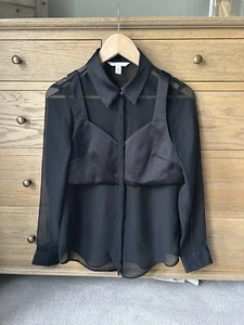 H&M Double Layered Sheer Shirt Eur 38 10 Black Top Blouse Satin Mesh Bralet - Picture 1 of 3