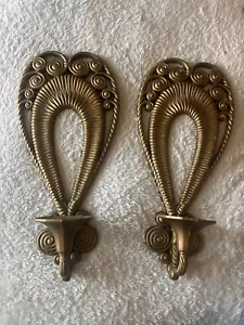 Set 2 MCM Burwood Products Faux Wicker Wall Candle Sconces 1975 VNTG 17x8 Gold - Picture 1 of 8