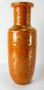 Antique Chinese Orange Ground Rouleau Vase with Gilt Decoration Lamp Lotus Shou - Picture 1 of 11