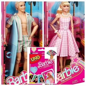 Barbie Margot Robbie, Ken Ryan Goslin The Movie Collectible Dolls and Uno Card #