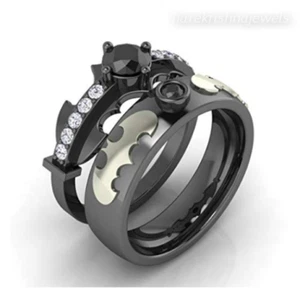 Batman-Ring-Set 2,12 kt Rundschliff Laborgefertigt schwarzer Diamant 14 K Schwarzgold-Finish - Bild 1 von 5