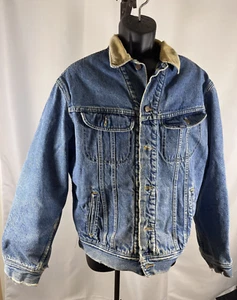 Vtg Mens Lee Distressed Flannel Blanket Lined Corduroy Collar Denim Jacket Large - Picture 1 of 8
