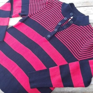 Liz & Co Sweater Womens 1X Blue Striped Mock Neck Sweater Navy Blue Coral - Picture 1 of 6
