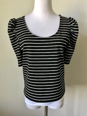 Torn By Ronny Kobo Black Stripped Puff Sleeve Top Shirt Sz L Scoop Neck Stretch - Image 1 of 4