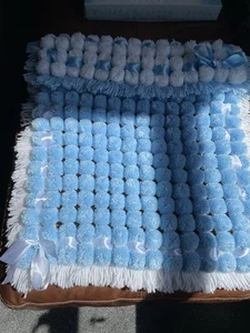 New Hand Made Blue And White Pram Pompom Blanket - Picture 1 of 2