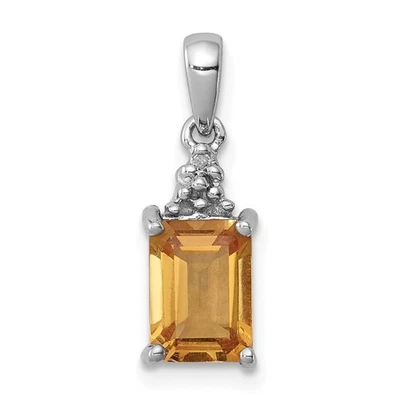 Sterling Silver Rhodium Plated Emerald Cut Yellow Citrine & Diamond Drop Pendant - Image 1 of 2
