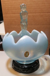 Fenton BLUE luster STRETCH BOWL W/NYMPH & FLOWER FROG ON BASE** 95TH Ann. - Picture 1 of 7