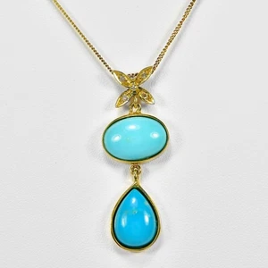 925 STERLING SILVER NATURAL BLUE TURQUOISE PEAR CAB PENDANT WITH NECKLACE 18" - Picture 1 of 8