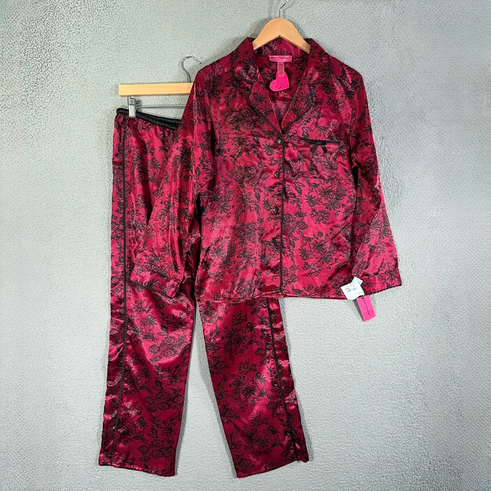NWT Betsey Johnson Satin Pajama Set Medium Pink Black Heart Ruffle Y2K 2000s - Image 1 of 4