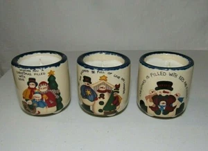 THREE PIECE IVORY & BLUE CERAMIC CHRISTMAS SNOWMEN MINI CANDLE SET - Picture 1 of 6