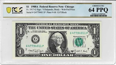 1988a $1 Federal Reserve 'WEB' Note- GP block--run 8 (combo 4/6) -PCGS 64 PPQ - Image 1 of 4