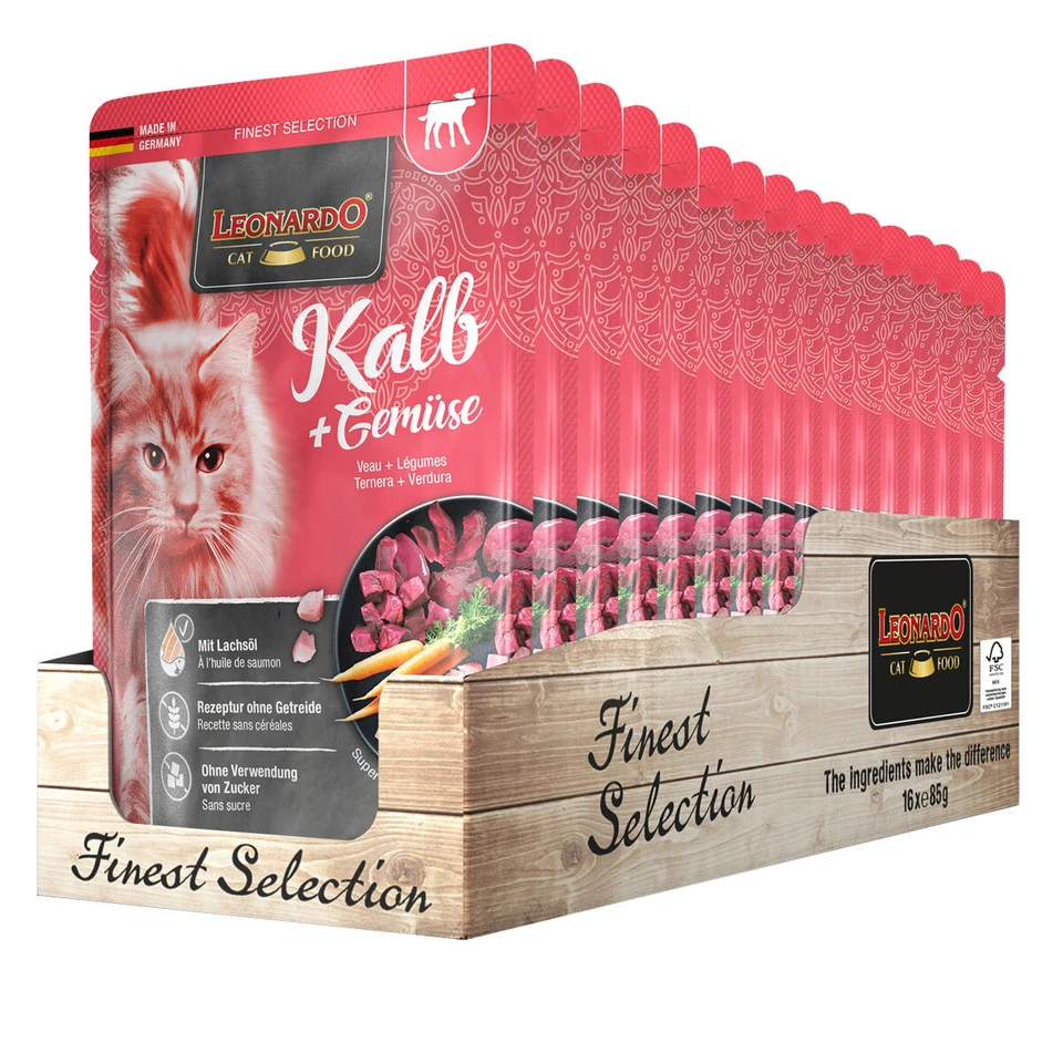 16 x 85 g Leonardo Finest Selection Kalb & Gemüse Nasstutter Katzenfutter Cat  - Bild 1 von 1