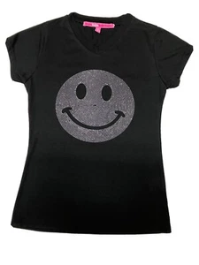Girls Black Short Sleeve w/ Sparkly Smiley Emoji T-Shirt Sz 16 slim - Picture 1 of 10