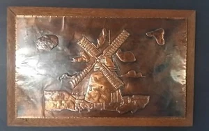 Vintage Repousse Copper Wall Hanging, Mid-Century, Windmill, Wood Frame, 24x15 - Picture 1 of 11